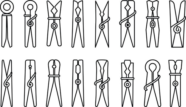 Set of diverse clothes peg showing various shapes and spring mechanisms in a simple black and white line style