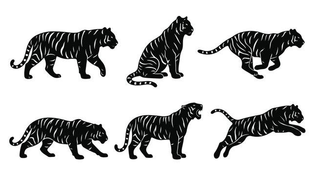 Six tiger poses silhouettes. Black tiger icons set.