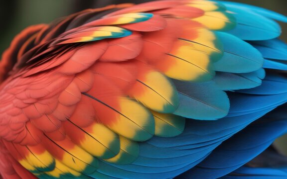 Macro close up of a vibrant macaw parrot wing showing intricate feather patterns in bright red yellow and blue colors with soft natural lighting and shallow depth of field