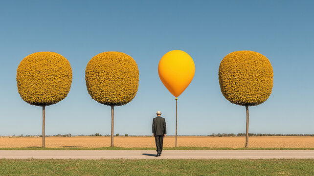Business concept man yellow balloon tree field surreal rural walking alone on road with calm mood under blue sky