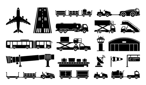 Editable airport ground support silhouette vector icon bundle