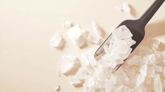 A laboratory spatula scoops potassium chloride crystals on a clean surface in a science lab setting with equipment.