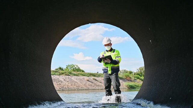Engineer Performing Water Quality Assessment Inside Stormwater Drainage Pipeline System