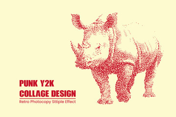 Stipple effect illustration of a rhinoceros, retro punk y2k collage design, red dotted rhino graphic on a light cream background © MDMahmudul