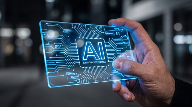Artificial intelligence technology concept hand holding a transparent display with ai circuitry
