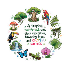 Obraz premium A tropical rainforest with thick vegetation, towering trees, and colorful parrots. Hand drawn illustration of A tropical rainforest with thick vegetation, towering trees, and colorful parrots.