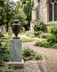 Obraz premium Decorative urn on stone pedestal in garden by church gravestones 
