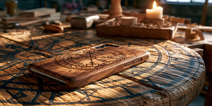 Wooden phone case with compass design on rustic table