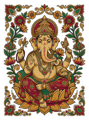 Obraz premium Ganesha Hindu Deity in Vibrant Decorative Art with Floral Border
