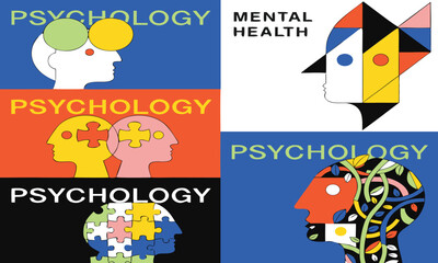Fototapeta premium Psychology Magazine Covers Featuring Colorful Head Illustrations and Puzzle Pieces Featuring Mental Health, Cover, Illustration