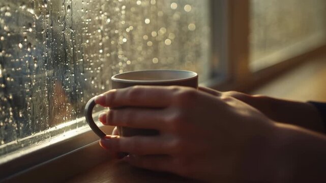 Warm golden backlight on hands lifting ceramic mug from rain‑speckled windowsill