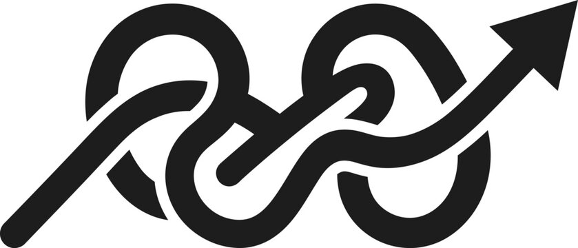 Abstract black icon of a tangled line transforming into an upward arrow representing progress