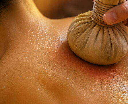 Woman receiving herbal bolus massage on back. Professional treatment with hot compress bali stamp. Holistic spa therapy for body stress relief, relaxation, wellness and skin care routine.