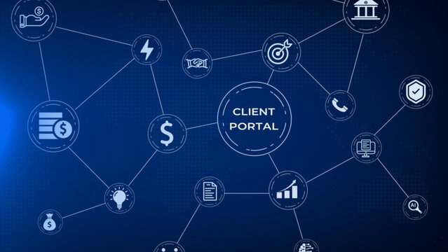 A deep blue digital network diagram depicting client portal connections with white for finance, communication, security, and analytics, set against a dark, pixelated background
