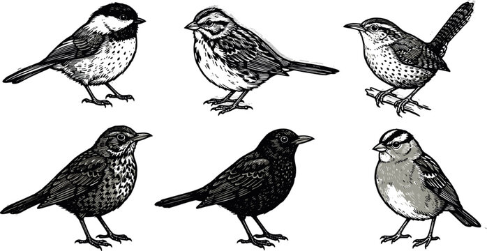 Vintage hand drawn sketch birds vector icon set with sparrow robin finch isolated on white background for wildlife design