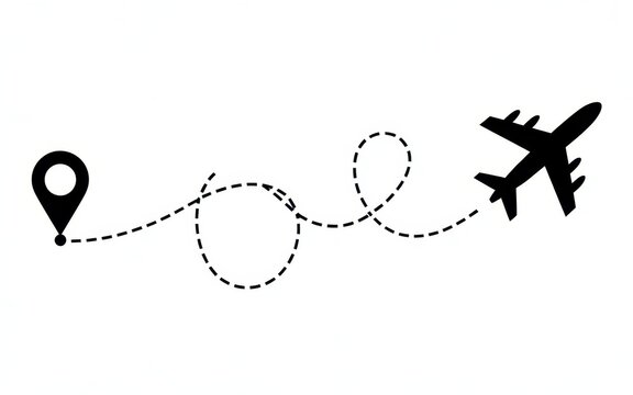Minimalist black airplane flying along a dotted path route on a white background, representing travel, tourism, aviation, flight path, journey, and navigation