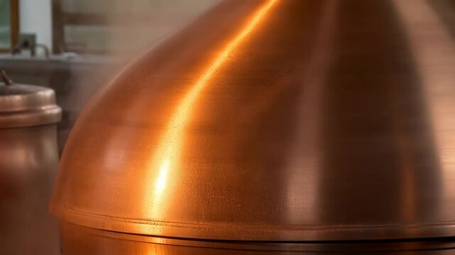 Close-up copper brewing kettle dome with shifting warm highlight inside bright brewery interior, polished metal surface showing brushed texture, rounded form and soft reflections