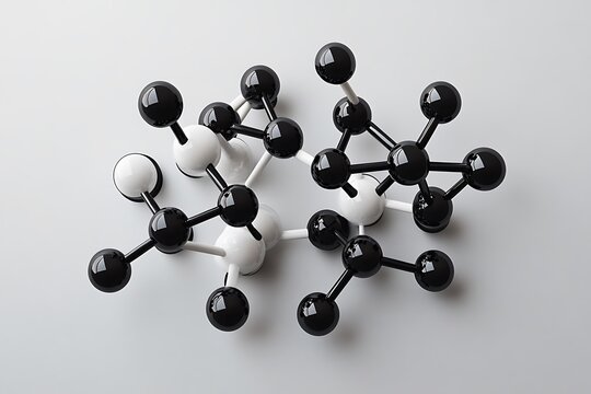 The molecular model of caffeine displays a complex arrangement of carbon, hydrogen, oxygen, and nitrogen atoms in a ball-and-stick structure.