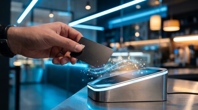 Contactless payment with credit card at modern terminal, secure wireless transaction in cafe or retail store, digital finance technology with glowing light effects and bokeh 2026