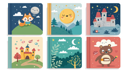 Fototapeta premium Whimsical illustrated childrens storybook covers with fantasy themes