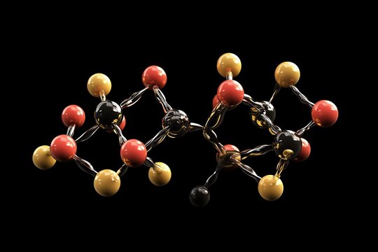 The molecular structure of caffeine is displayed prominently in a detailed model against a dark background showing atoms and bonds clearly.