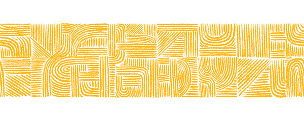 African seamless border meet mexican geometric motif in this hand drawn ethnic pattern. Yellow noodles and curly golden line spaghetti illustration for food bg. Vector abstract endless ornament © Yauheniya_Bandaruk