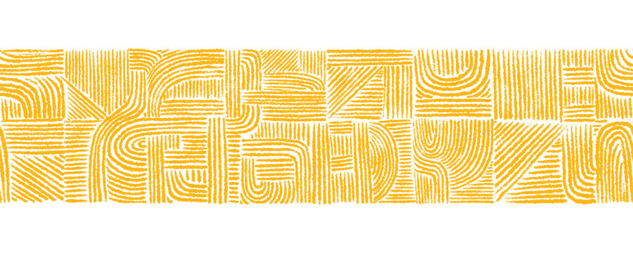 African seamless border meet mexican geometric motif in this hand drawn ethnic pattern. Yellow noodles and curly golden line spaghetti illustration for food bg. Vector abstract endless ornament