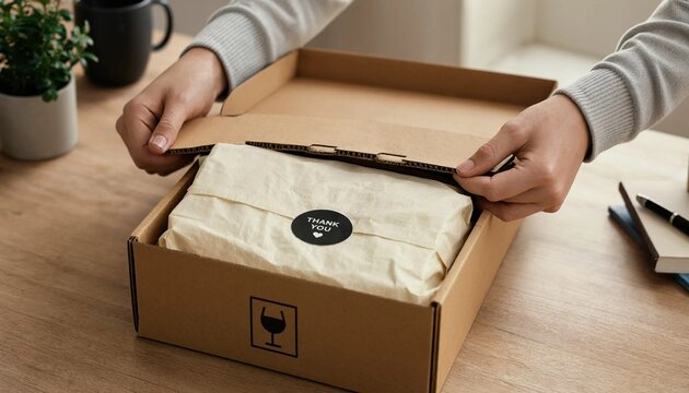 Hands packing small business order in cardboard box with elegant wrapping paper and sticker
