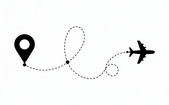 Minimalist travel concept with a black airplane and a dotted flight path line connecting to a location pin marker on a clean white background, style