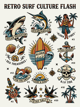 Retro Surf Culture Flash Tattoo Style Illustrations with Nautical Elements