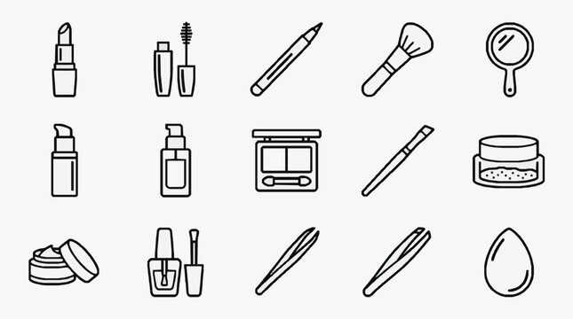 Dynamic Set of Minimalist Black and White Sketch Style Beauty and Makeup Icons Collection with high quality professional line art symbols for modern creative design and digital branding projects