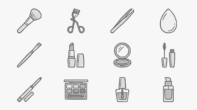 Dynamic Set of Minimalist Black and White Sketch Style Beauty and Makeup Tools and Products Icon Collection