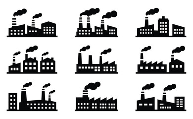Fototapeta premium Collection of industrial factory silhouette icons featuring smokestacks and buildings industry silhouette manufacturing production pollution