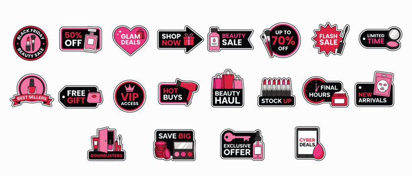 Black Friday Beauty Sale Badge Set with Discount Offer Shopping Labels Vector