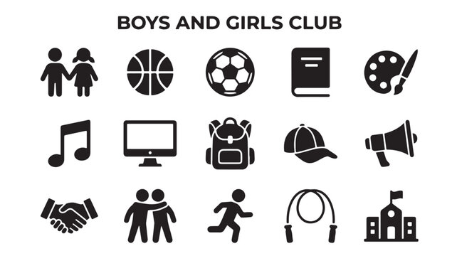 Boys and girls club icon set. Black solid glyphs for youth activities, sports, and education. Graphic elements for afterschool programs and community centers.