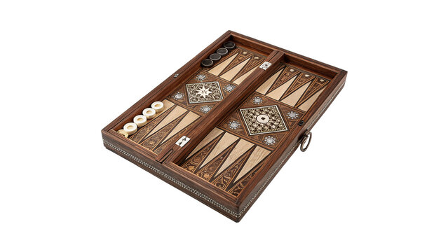 Traditional wooden backgammon board game with chips pieces leisure hobby isolated on transparent background