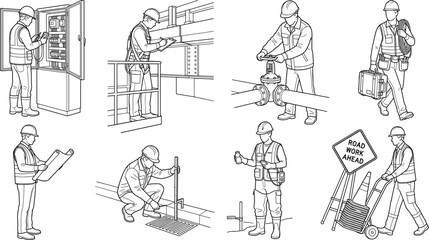 Obraz premium Set of industrial workers, engineers, and construction professionals performing technical tasks and safety inspections