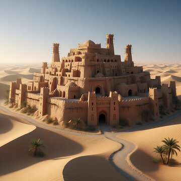 Multi tiered ancient stone zigurat temple monument built inside a remote sandy desert landscape
