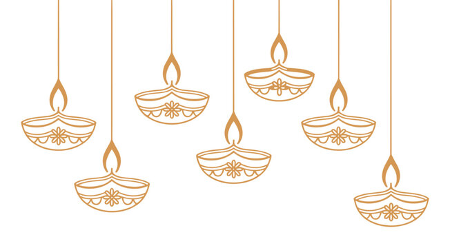 Decorative gold hanging diya oil lamps pattern isolated on white background for diwali festival with line art festival celebration religious