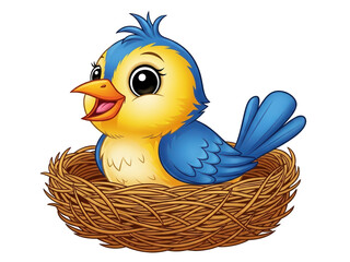 Obraz premium Cartoon chickadee bird sitting in a woven nest with a happy expression symbolizing new beginnings and spring in nature