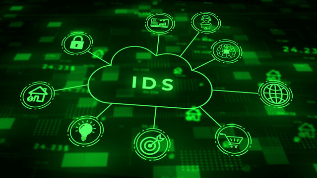 Intrusion Detection System IDS cloud diagram illustrating security monitoring and threat analysis with interconnected for data protection and network safety in a vibrant green digital environment