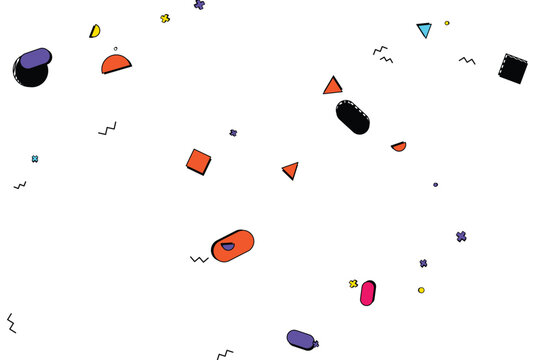 A vibrant and playful scattering of abstract geometric shapes creating a dynamic and modern graphic pattern, perfect for backgrounds and creative design projects