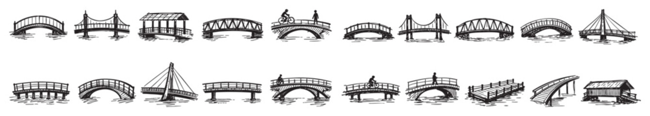 Obraz premium Various hand-drawn bridge illustrations in a black and white sketch style, depicting different architectural designs and structures