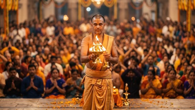 Temple Priest Performing Aarti &ndash; Devotional Ceremony Portrait