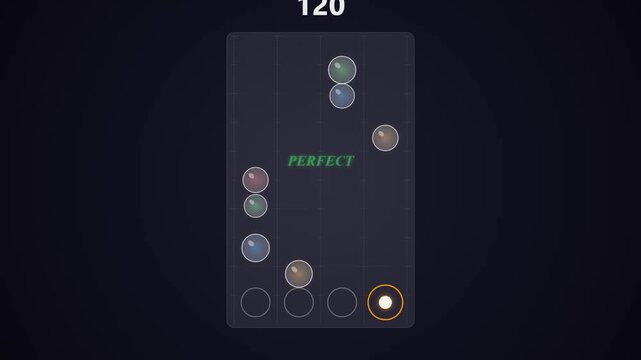 Rhythm music game with falling bubbles and perfect timing feedback