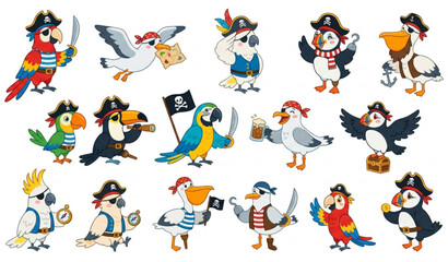 Cartoon Pirate Bird Character Collection Vector with Cute Adventure Birds © Sagor