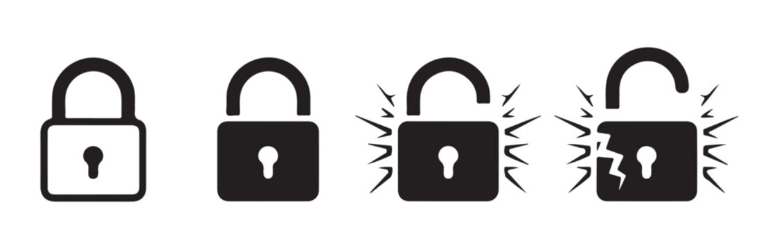 Set of lock icons depicting closed locked open and broken security concepts for digital applications.
