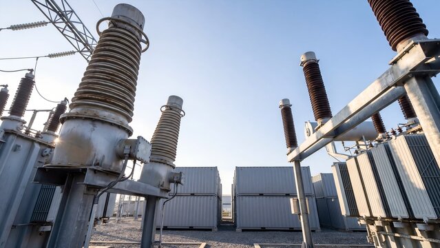 High voltage transformer bushings and insulators at electrical substation with battery storage containers, power grid switchgear equipment, electricity distribution infrastructure and voltage control