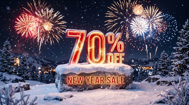 Glowing red neon 3D text seventy percent off New Year sale on a snowy rock with a winter landscape background of mountains, pine forest, and colorful celebration fireworks.