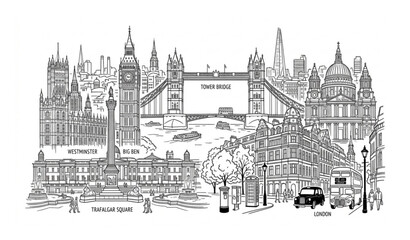 Fototapeta premium London city landmark collage line art vector illustration isolated on white